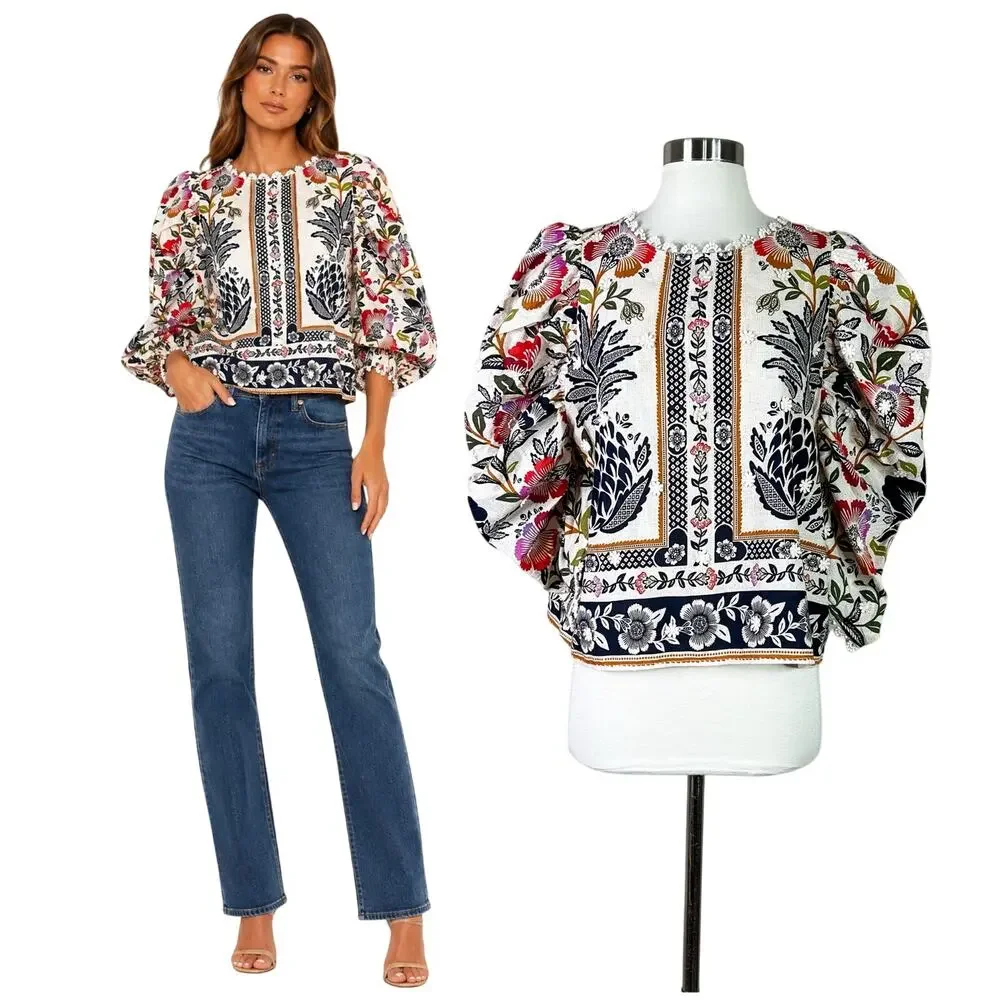 FARM Rio | Romantic Garden Floral Puff Sleeve Blouse Cotton Boho Blouse Top L